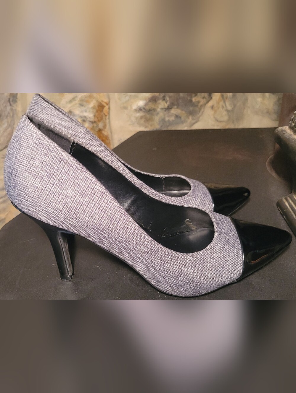 Marbella Gray Black Cap Toe Pumps Women's Size 8M Pointed Toe Heels
